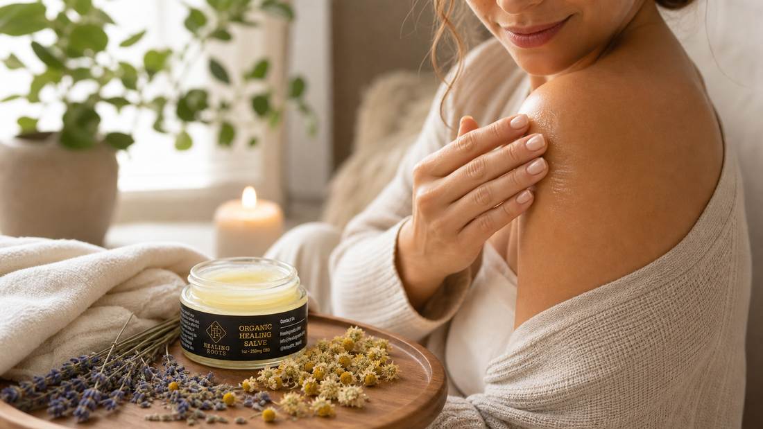 Person applying organic CBD salve to a sore shoulder as part of a natural pain relief routine.
